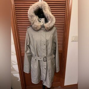 Pendleton Belted Beige Parka Real USA Coyote Fur Hood Quilted Lining Sz Xl